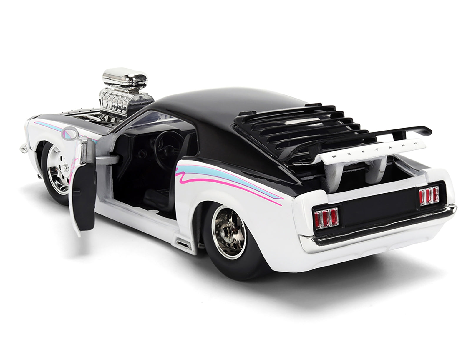 Black and white 1/24 scale Ford Mustang Boss 429 diecast model car with graphics from the Bigtime Muscle series by Jada.