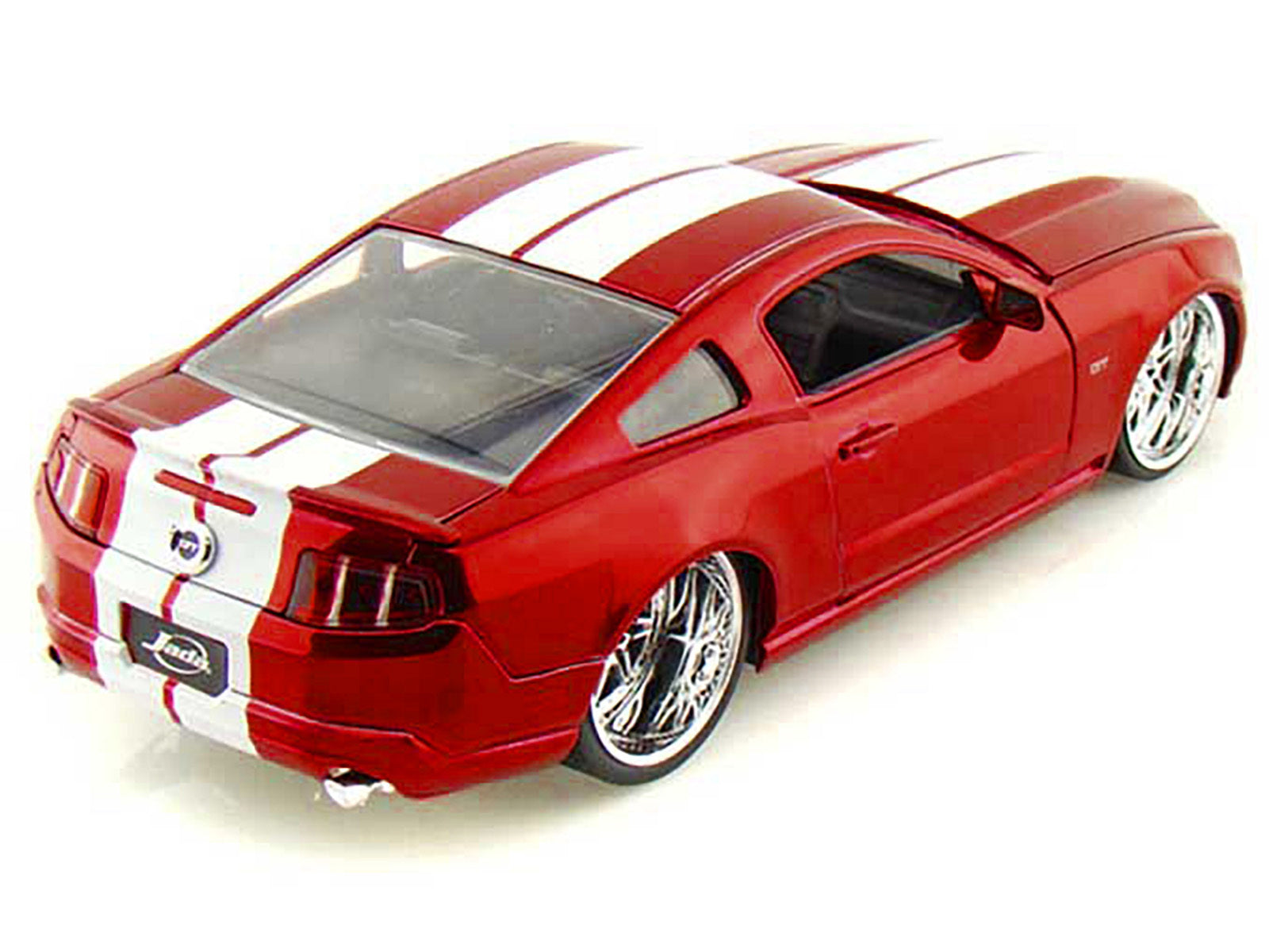 2010 Ford Mustang GT Red Metallic with White Stripes diecast model car by Jada from Bigtime Muscle series, 1/24 scale, American Smart brand