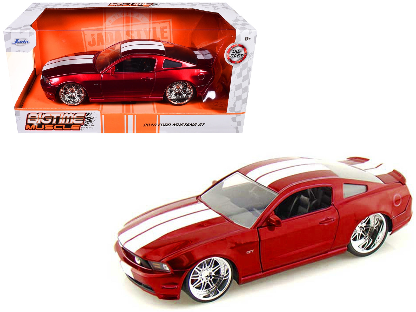 Red metallic 2010 Ford Mustang GT diecast model with white stripes, part of Bigtime Muscle series by Jada, American Smart WB.