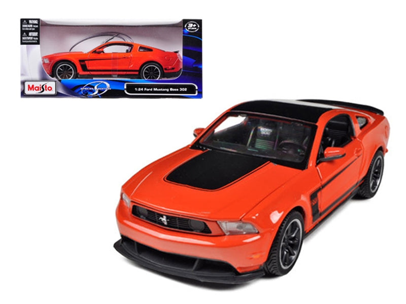 Orange and black 1/24 diecast Ford Mustang Boss 302 model car by Maisto, detailed American Smart - WB Mustang collectible.
