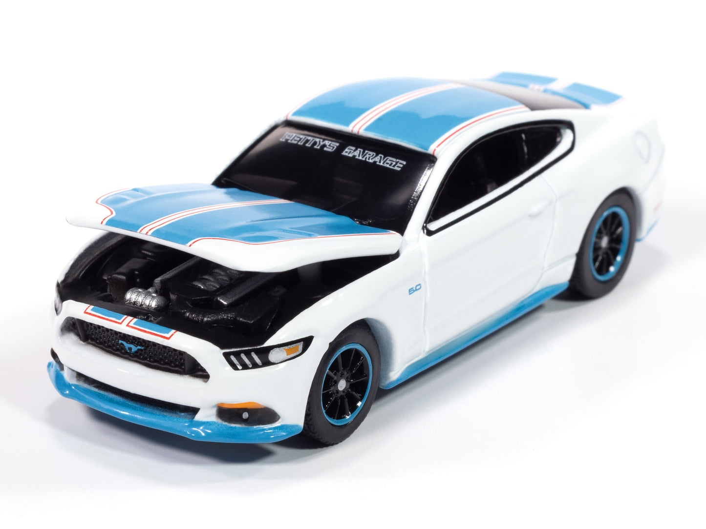 Oxford White 2016 Ford Mustang GT King Premier Edition diecast model car with Petty Blue stripes, part of Auto World Modern Muscle series.