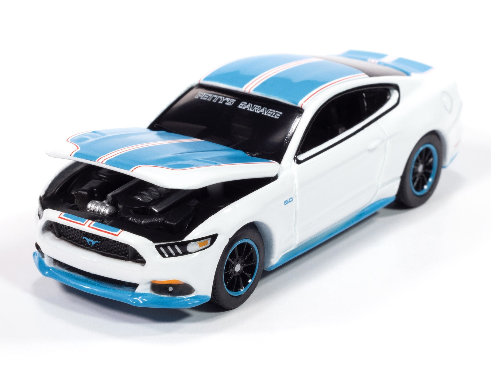 Oxford White 2016 Ford Mustang GT King Premier Edition diecast model car with Petty Blue stripes, part of Auto World Modern Muscle series.