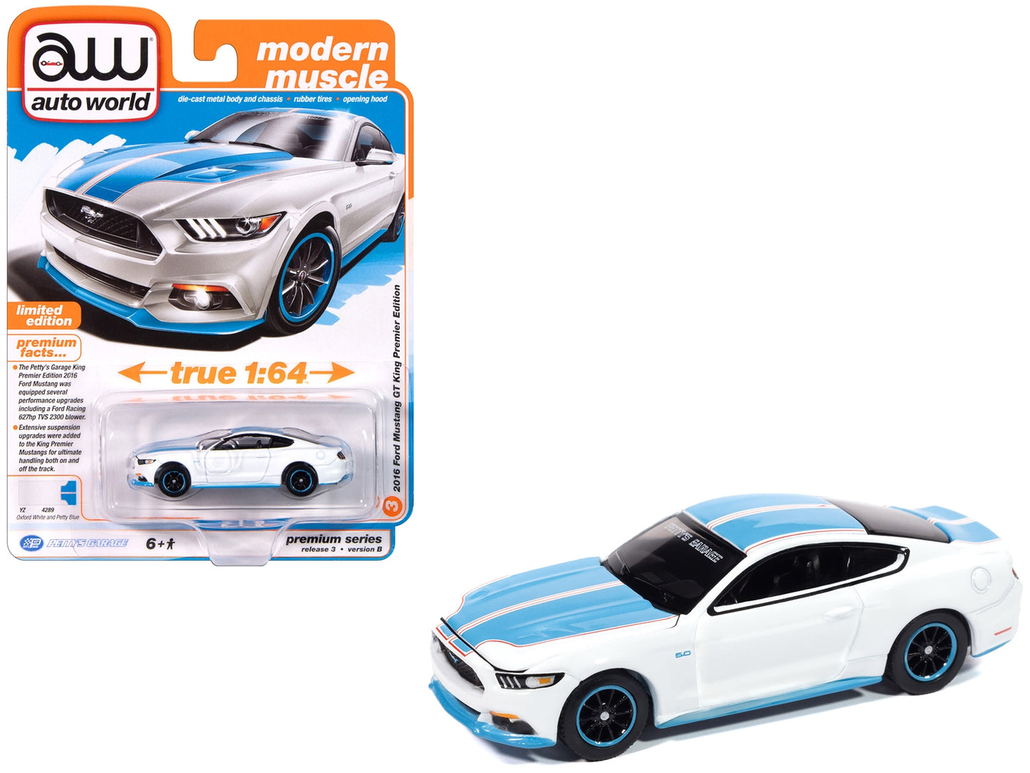 2016 Ford Mustang GT King Premier Edition diecast model car by Auto World, Oxford White with Petty Blue stripes, part of Modern Muscle series