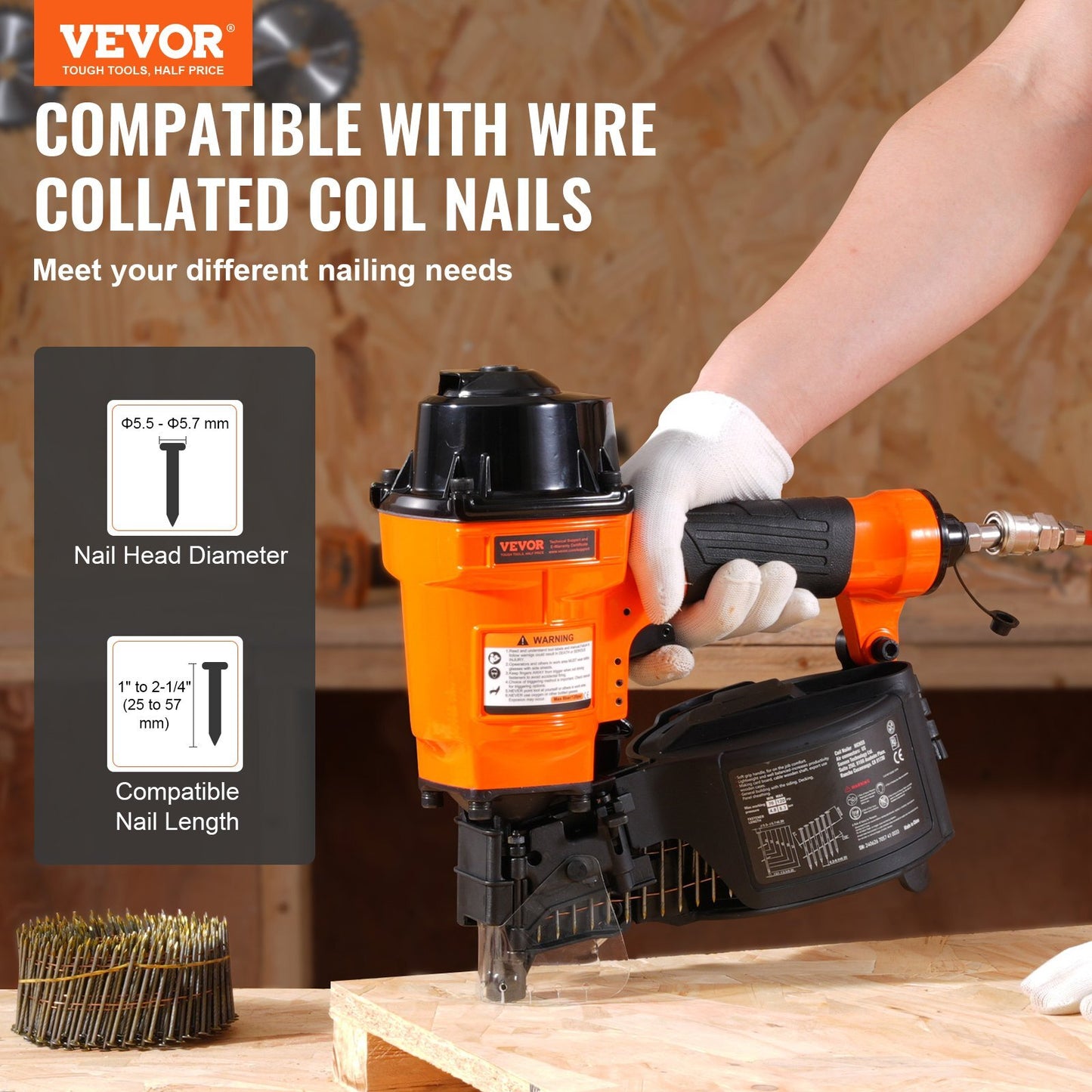 Coil Siding Nailer MCN55, 1 inch to 2-1/4 inch 15 Degree Pneumatic Siding Nail Gun, 70-120PSI Air Coil Nailer for Siding, Pallet Sheathing, Fencing, Decking - American Smart