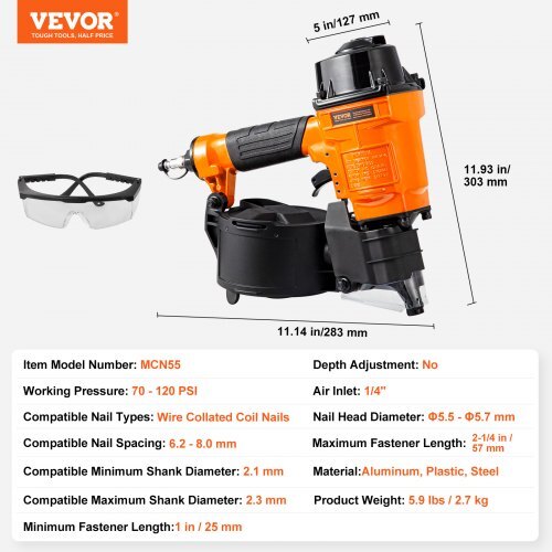 Coil Siding Nailer MCN55, 1 inch to 2-1/4 inch 15 Degree Pneumatic Siding Nail Gun, 70-120PSI Air Coil Nailer for Siding, Pallet Sheathing, Fencing, Decking - American Smart