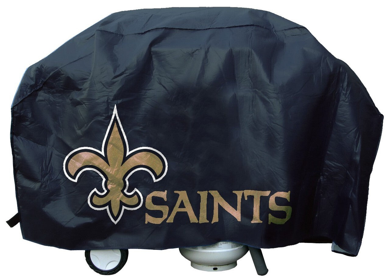 Deluxe New Orleans Saints grill cover by American Smart WB, featuring team logo and durable material for outdoor barbecue protection.