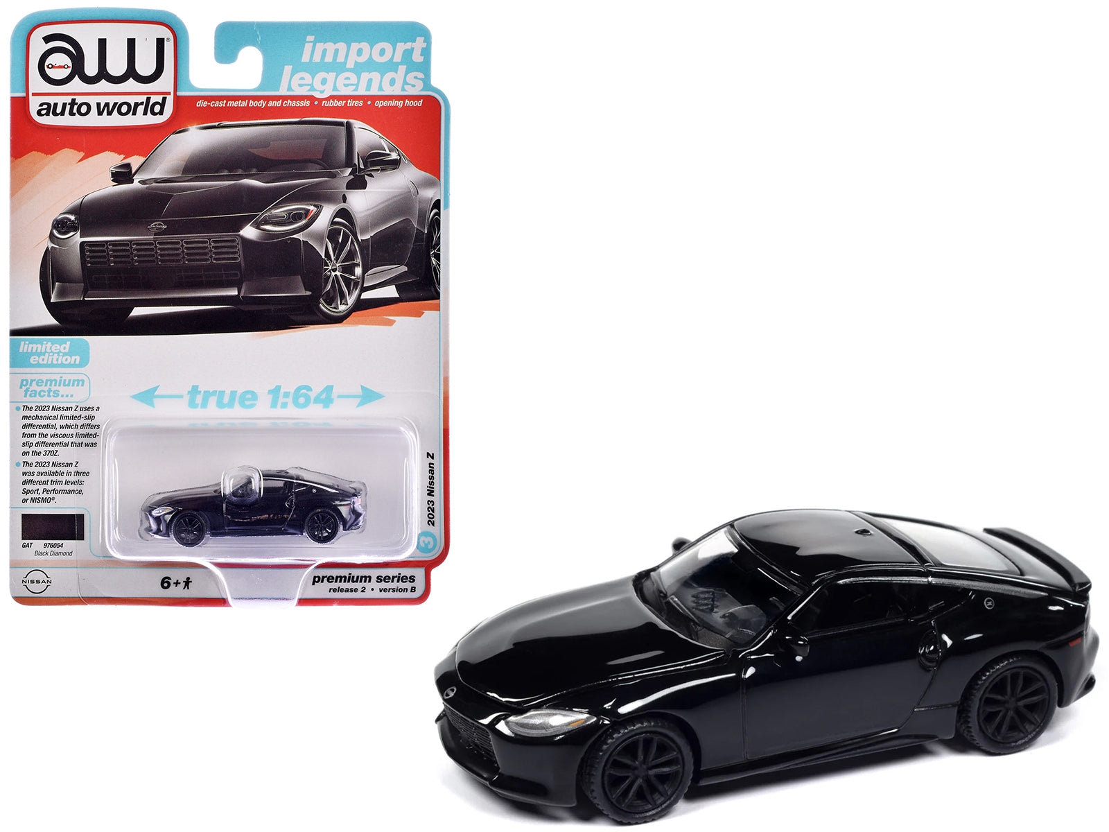 Black Nissan Z 2023 diecast model car from Auto World’s Import Legends Series, 1/64 scale, detailed collectible collectible car.