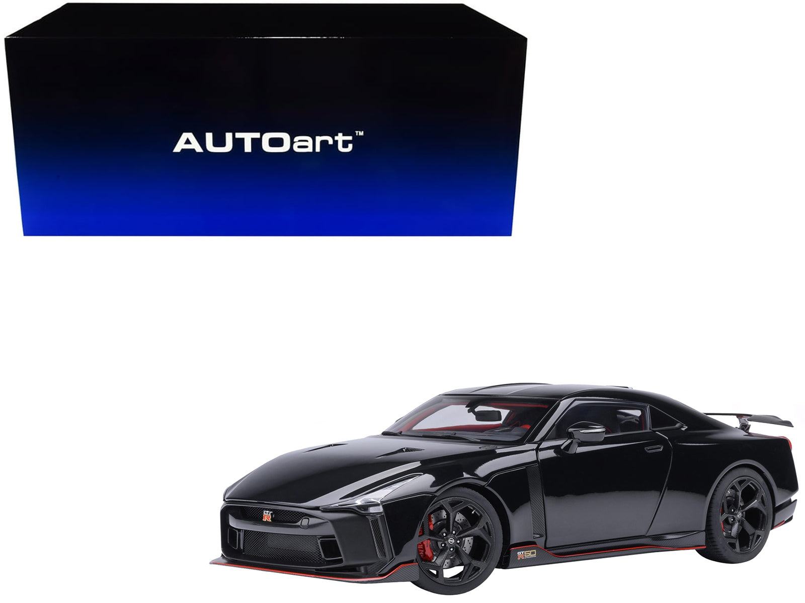 Nissan GT-R50 by ItalDesign 1/18 scale model car in black and matte black, detailed collectible Nissan model by Autoart