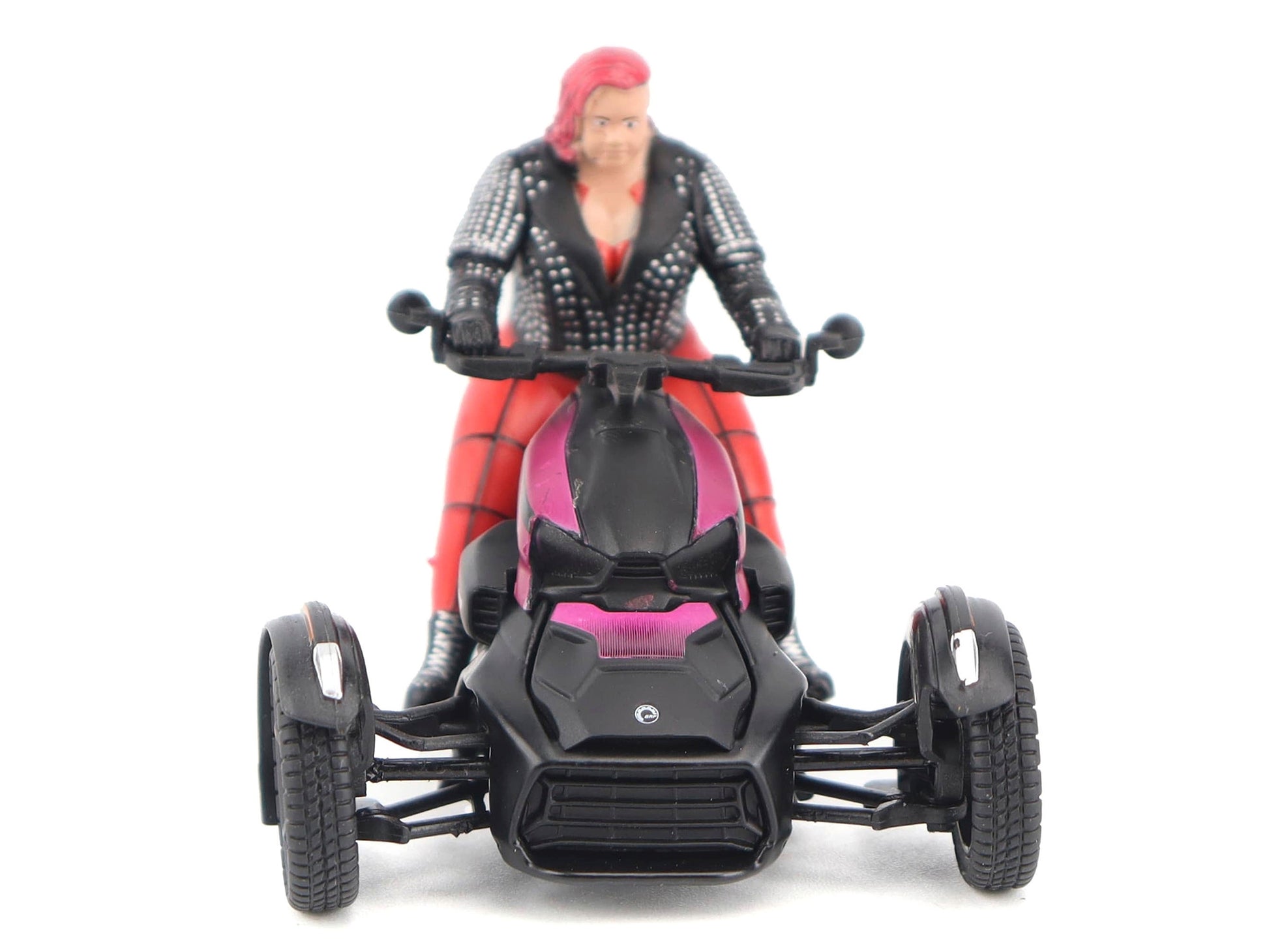 Pink and black Can-Am Ryker 3-wheel motorcycle diecast model by BRP, with driver figure, from American Smart WB.