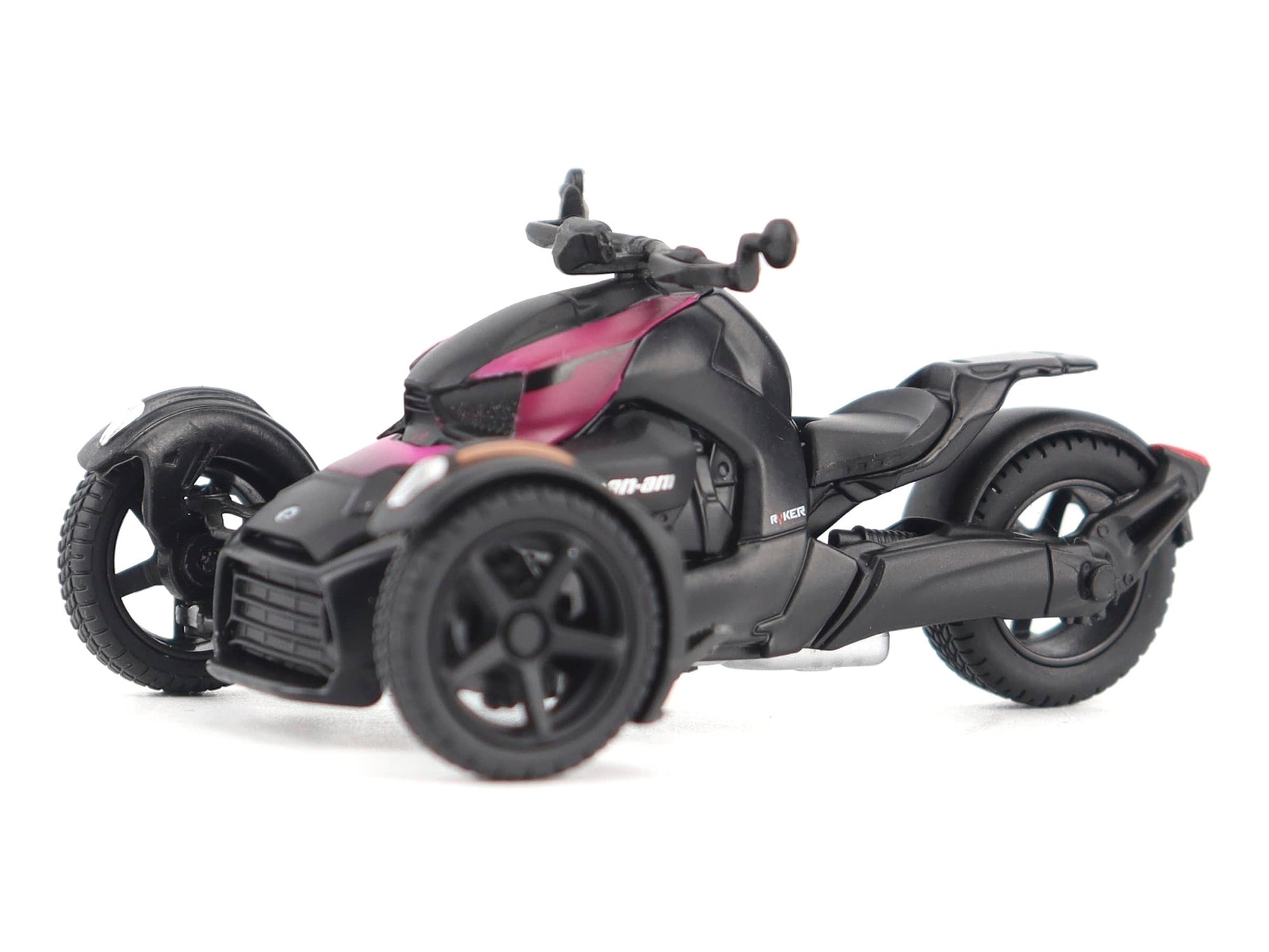 Pink punk and black Can-Am Ryker 3-wheel motorcycle diecast model by BRP Models with driver figure, 1/32 scale, American Smart WB.
