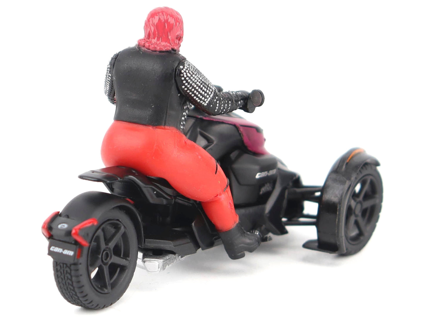 Pink and black Can-Am Ryker 3-wheel motorcycle diecast model by BRP Models with driver figure, detailed 1/32 scale model.