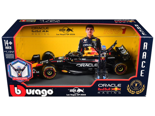 Red Bull Racing RB20 Max Verstappen 1/24 diecast model car with driver figure, celebrating F1 2024 Drivers' Champion victory.