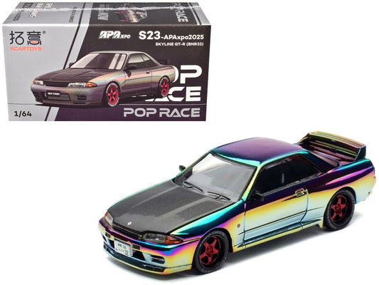 Skyline GT-R (BNR32) RHD (Right Hand Drive) Chameleon Chrome with Carbon Hood "APA XPO 2025 Exclusive 1/64 Diecast Model Car by Pop Race - American Smart