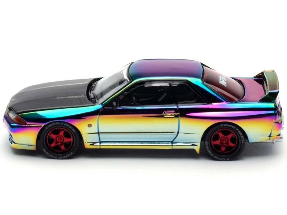 Skyline GT-R (BNR32) RHD (Right Hand Drive) Chameleon Chrome with Carbon Hood "APA XPO 2025 Exclusive 1/64 Diecast Model Car by Pop Race - American Smart