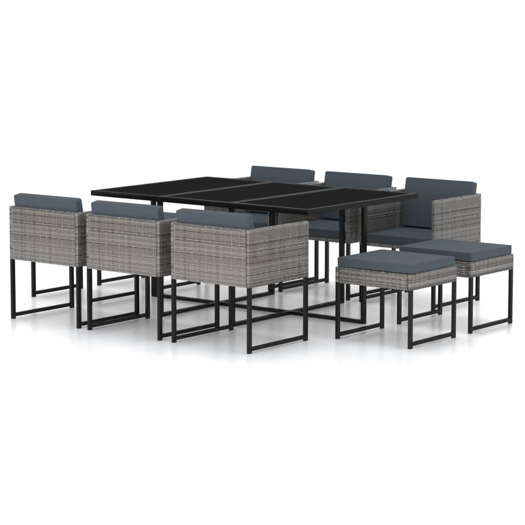 Gray 11-piece patio dining set with cushions from American Smart WB, featuring poly rattan outdoor furniture for al fresco dining.