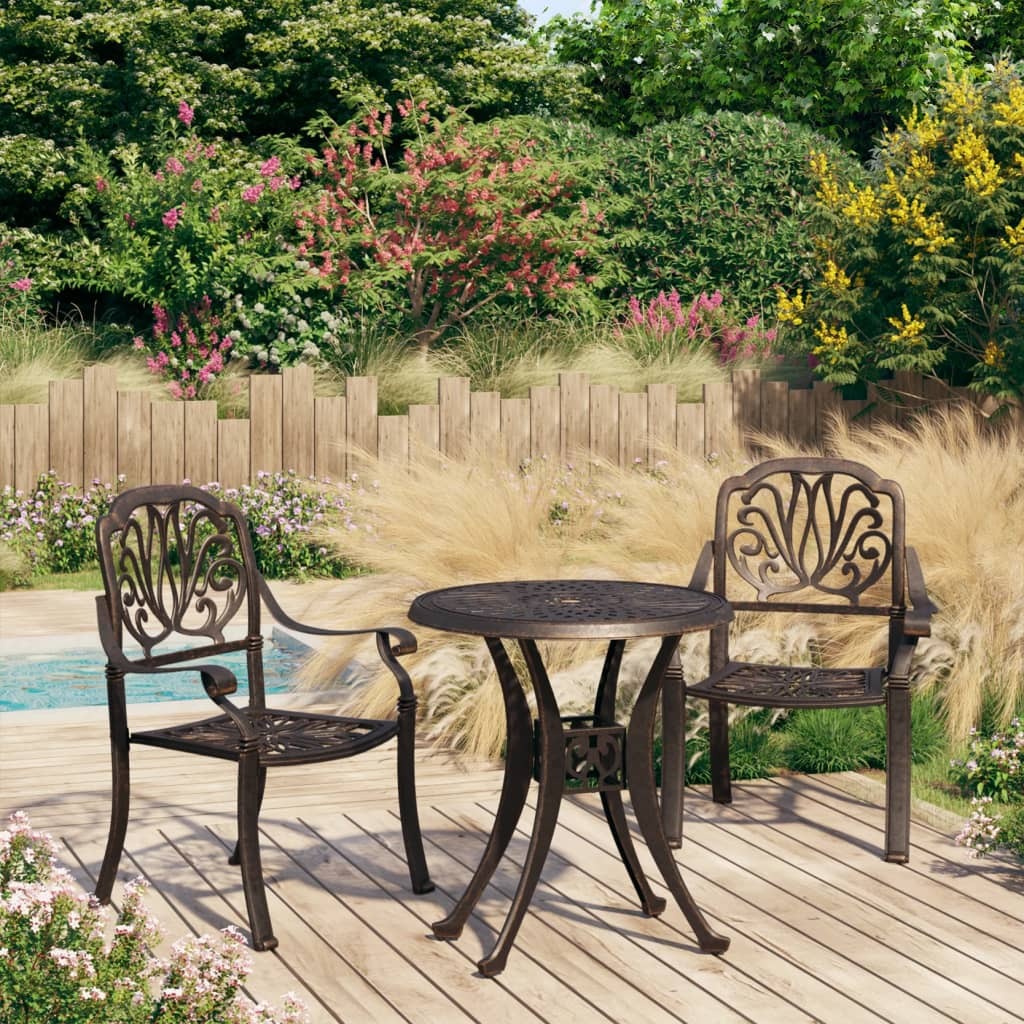 Outdoor 3-piece bistro set with cast aluminum bronze finish, includes table and two chairs, ideal for patio or garden seating.