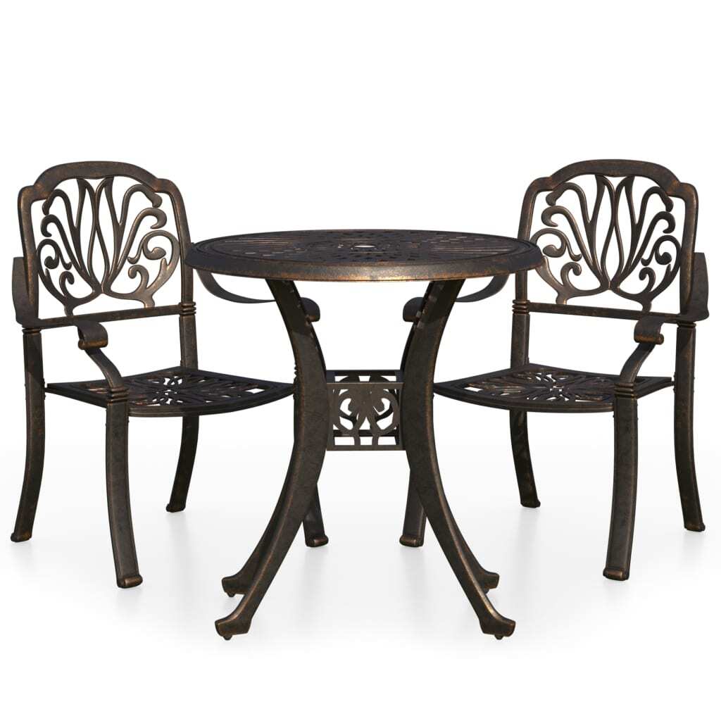 Three-piece outdoor bistro set with cast aluminum bronze finish, including table and two chairs, by American Smart WB.