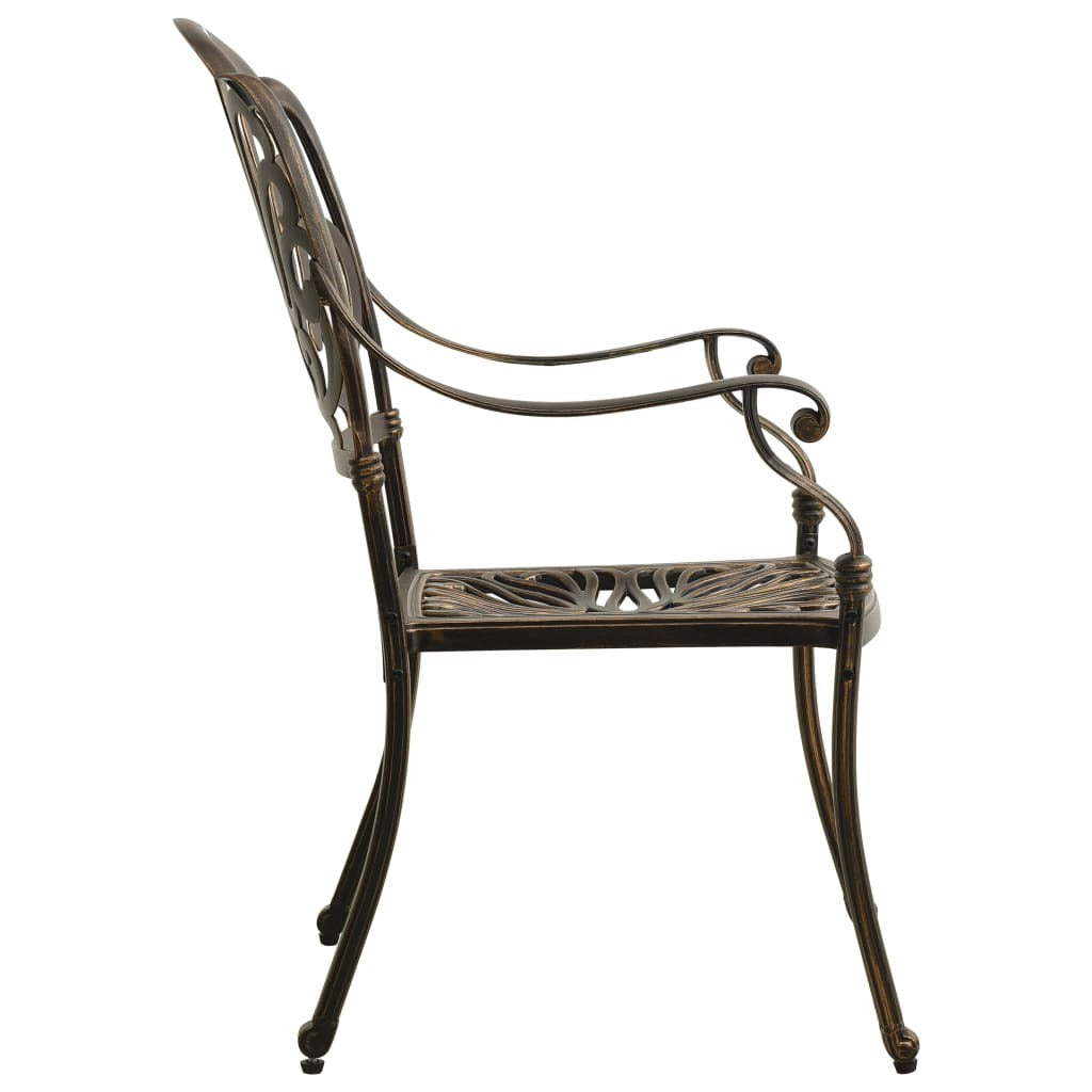 Outdoor 3-piece bistro set by American Smart in cast aluminum with a bronze finish, includes table and two chairs.