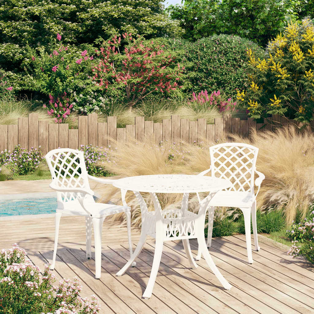 White cast aluminum 3-piece bistro set from American Smart WB, includes table and two chairs for outdoor seating.