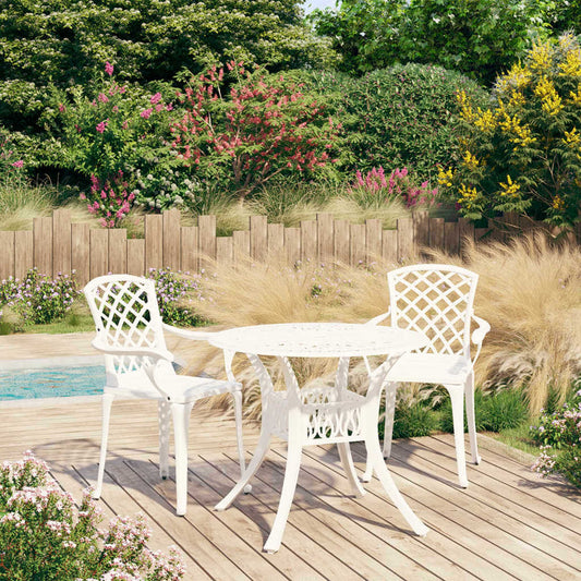 White cast aluminum 3-piece bistro set from American Smart WB, includes table and two chairs for outdoor seating.
