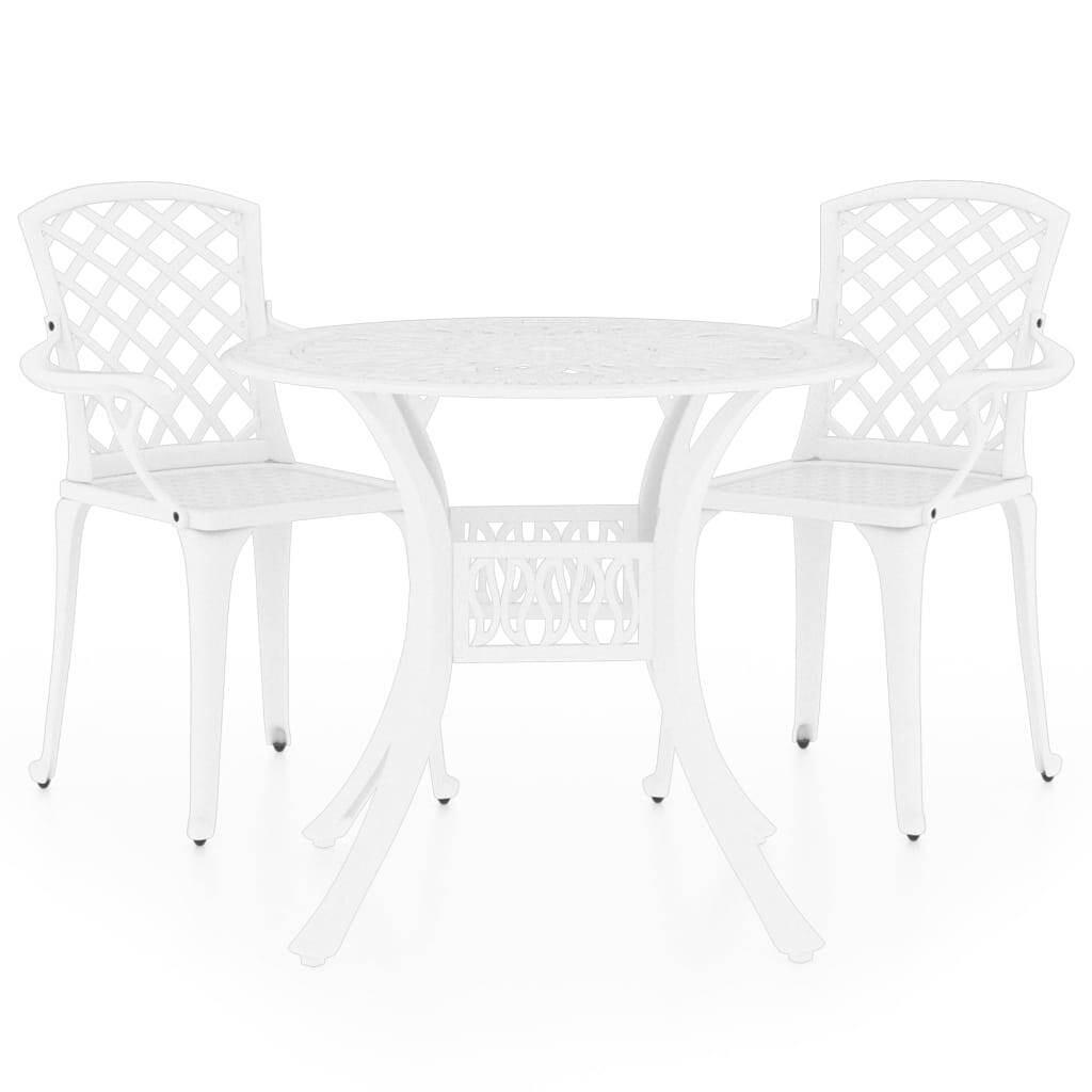 White cast aluminum 3-piece bistro outdoor furniture set by American Smart featuring two chairs and a round table.