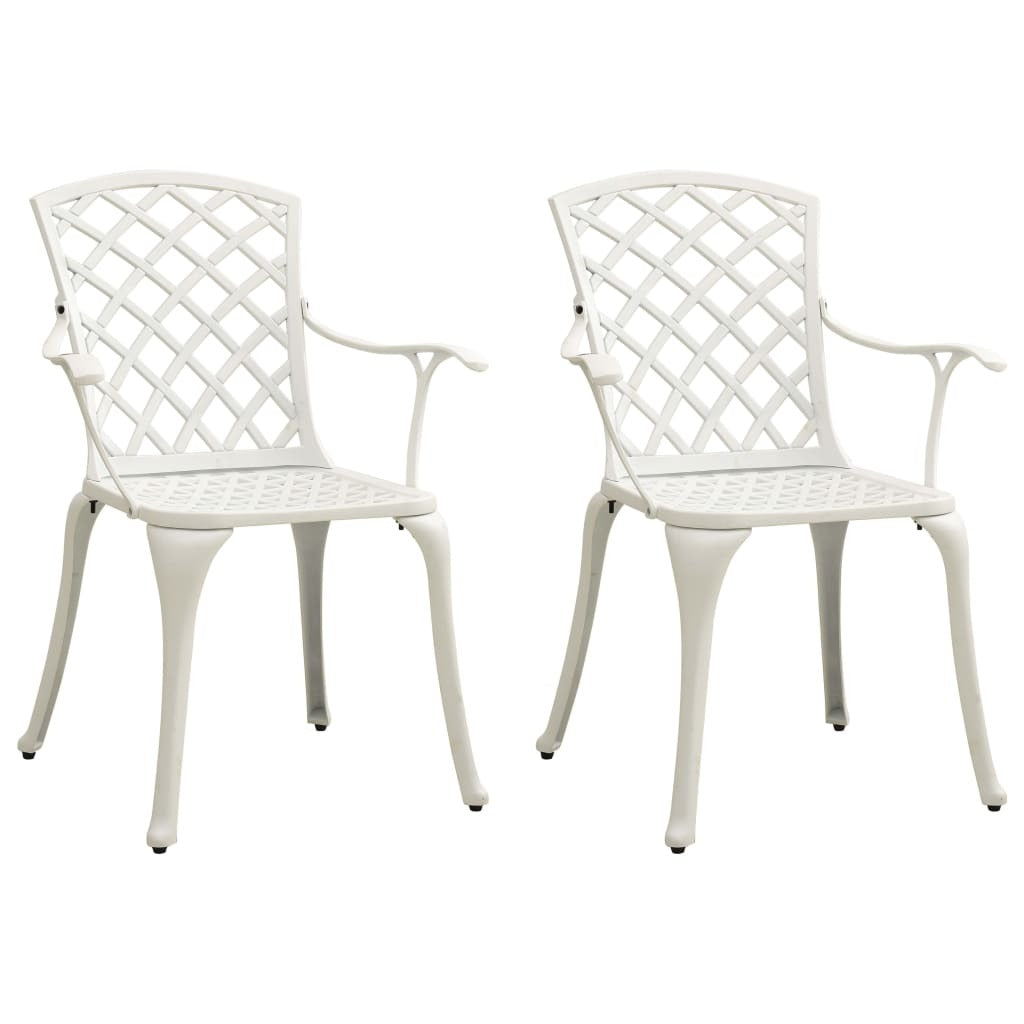 White cast aluminum 3-piece bistro outdoor furniture set with table and two chairs by American Smart WB.