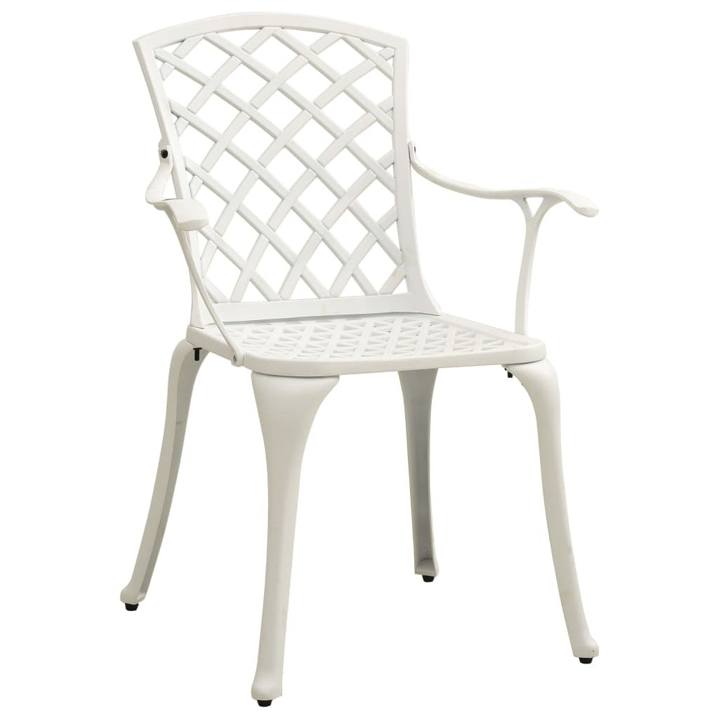 White cast aluminum 3-piece bistro set by American Smart for outdoor furniture, includes table and two chairs.