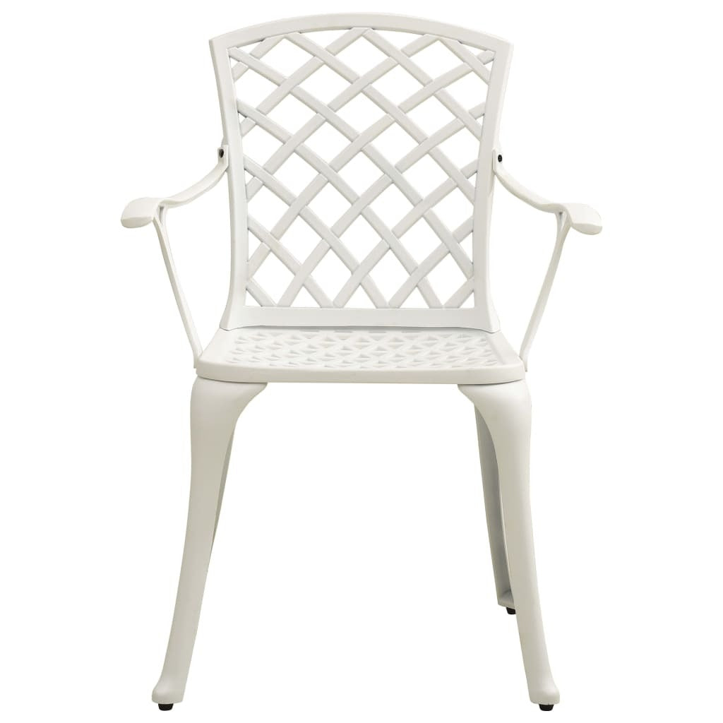 White cast aluminum outdoor bistro set with two chairs and a round table, part of the American Smart 3-piece outdoor furniture set.