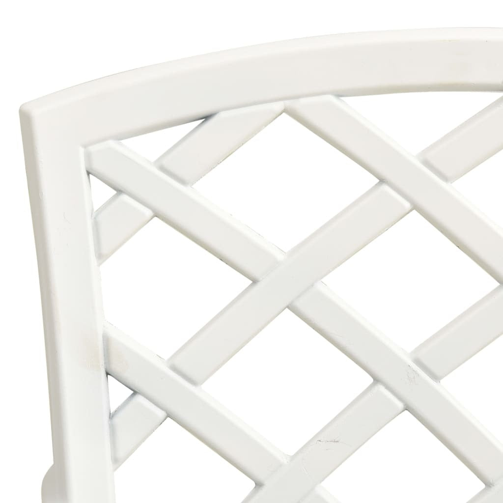 White cast aluminum outdoor bistro set with two chairs and a round table, perfect for compact patio or balcony dining.