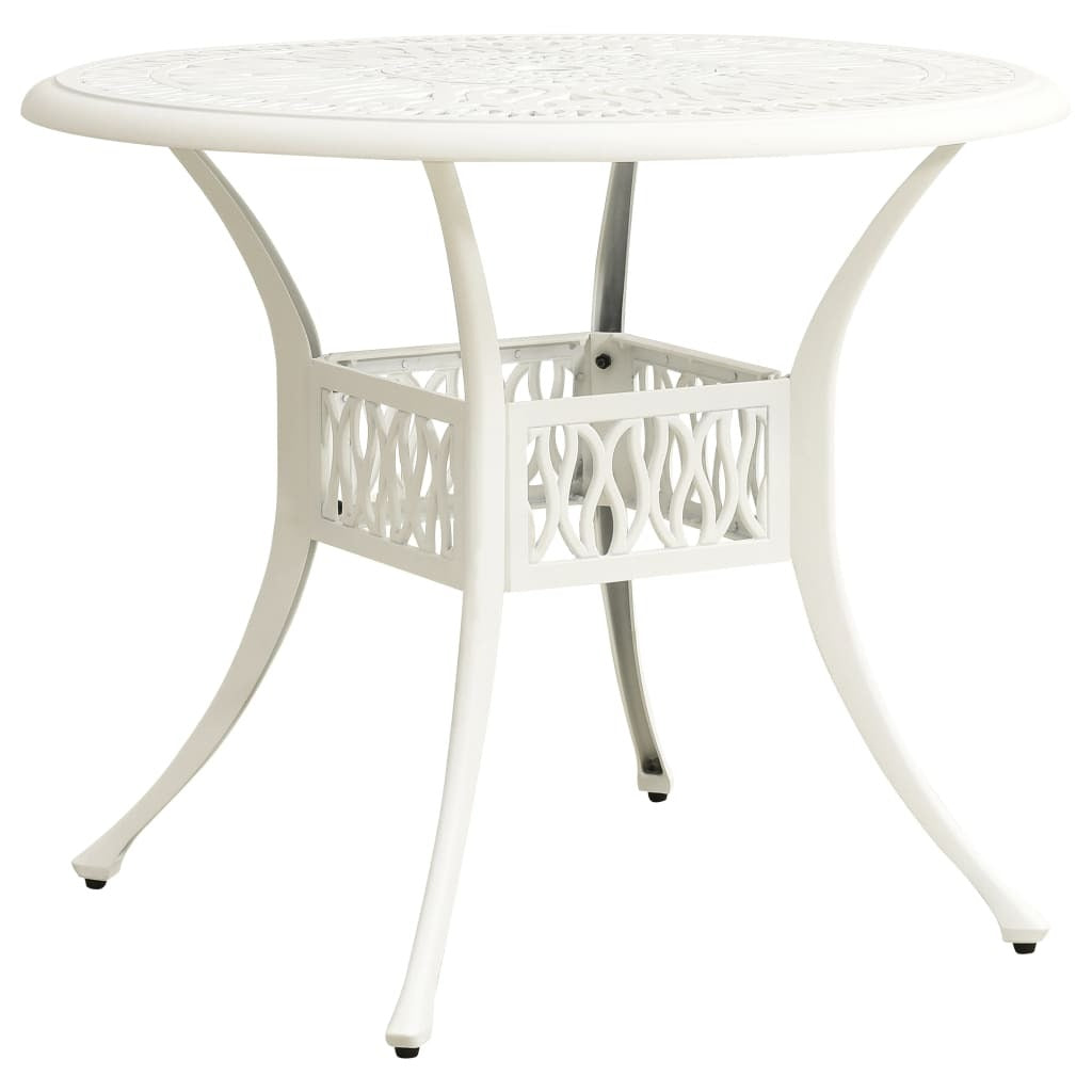 White cast aluminum 3-piece bistro outdoor furniture set by American Smart, includes table and two chairs.