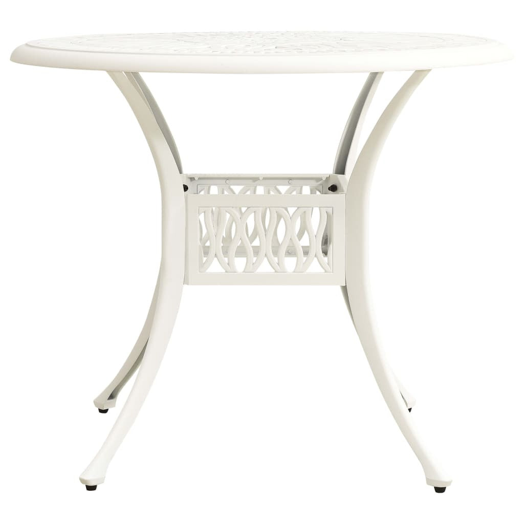 White cast aluminum 3-piece bistro outdoor furniture set by American Smart, includes two chairs and a round table.