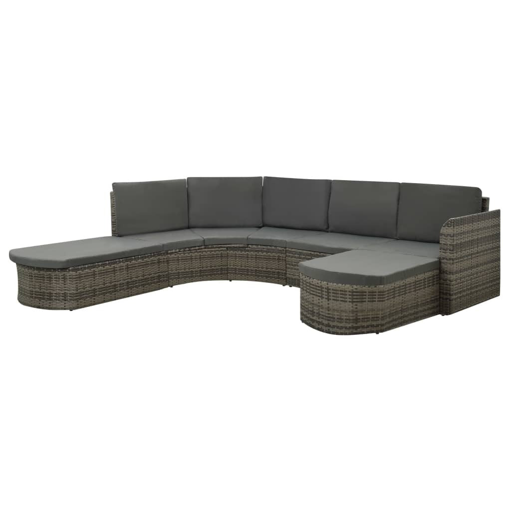 Gray poly rattan outdoor patio lounge set with four cushioned seats and tables, designed for comfortable outdoor relaxation.