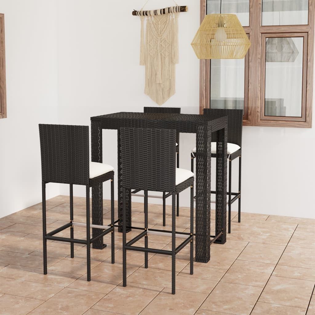 Outdoor patio bar set with black poly rattan frames and cushions, includes five pieces for outdoor entertaining by American Smart WB.