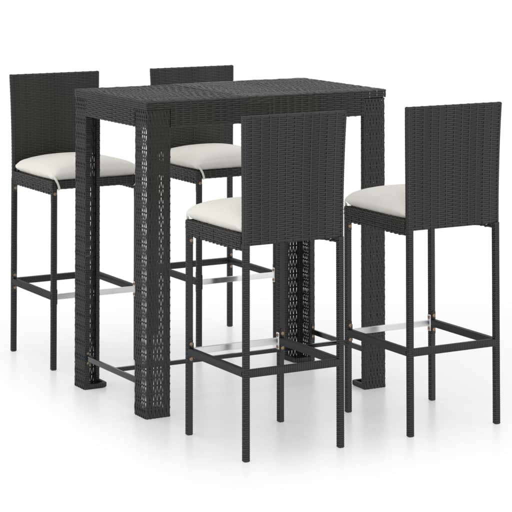 Black 5-piece patio bar set with cushioned seats made of poly rattan, outdoor furniture by American Smart - WB.