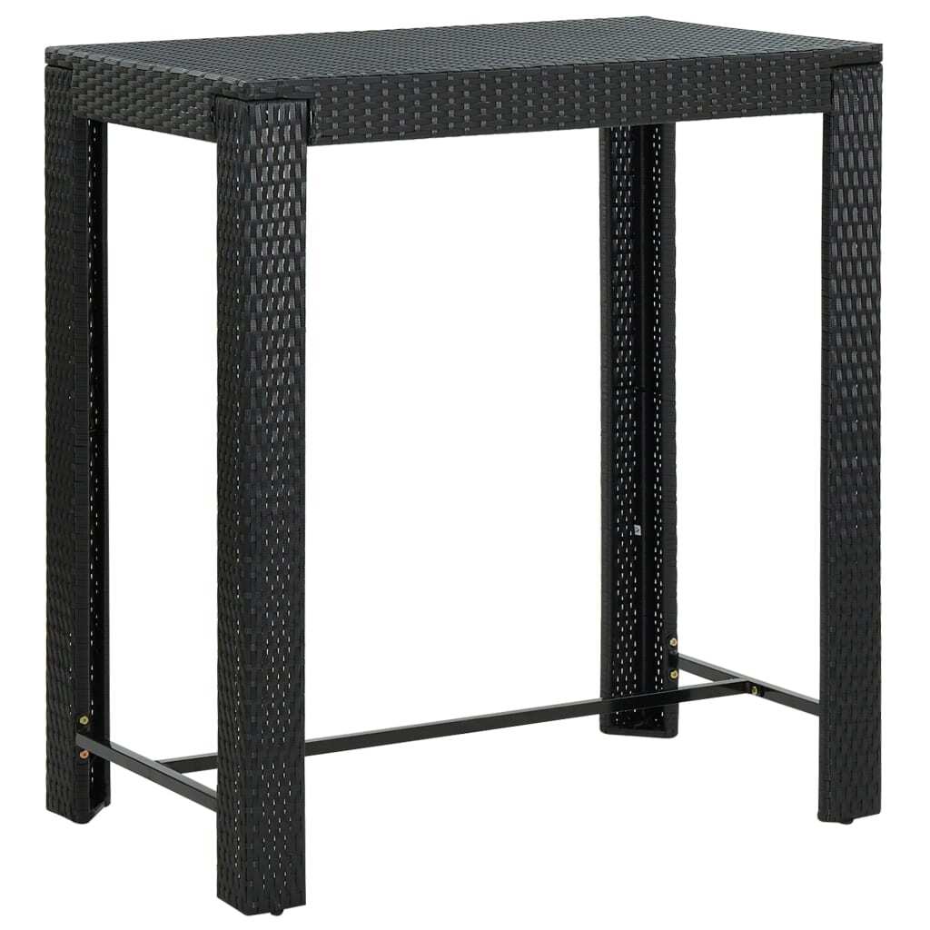 5-piece outdoor patio bar set with cushions, black poly rattan furniture by American Smart, includes bar table and stools.