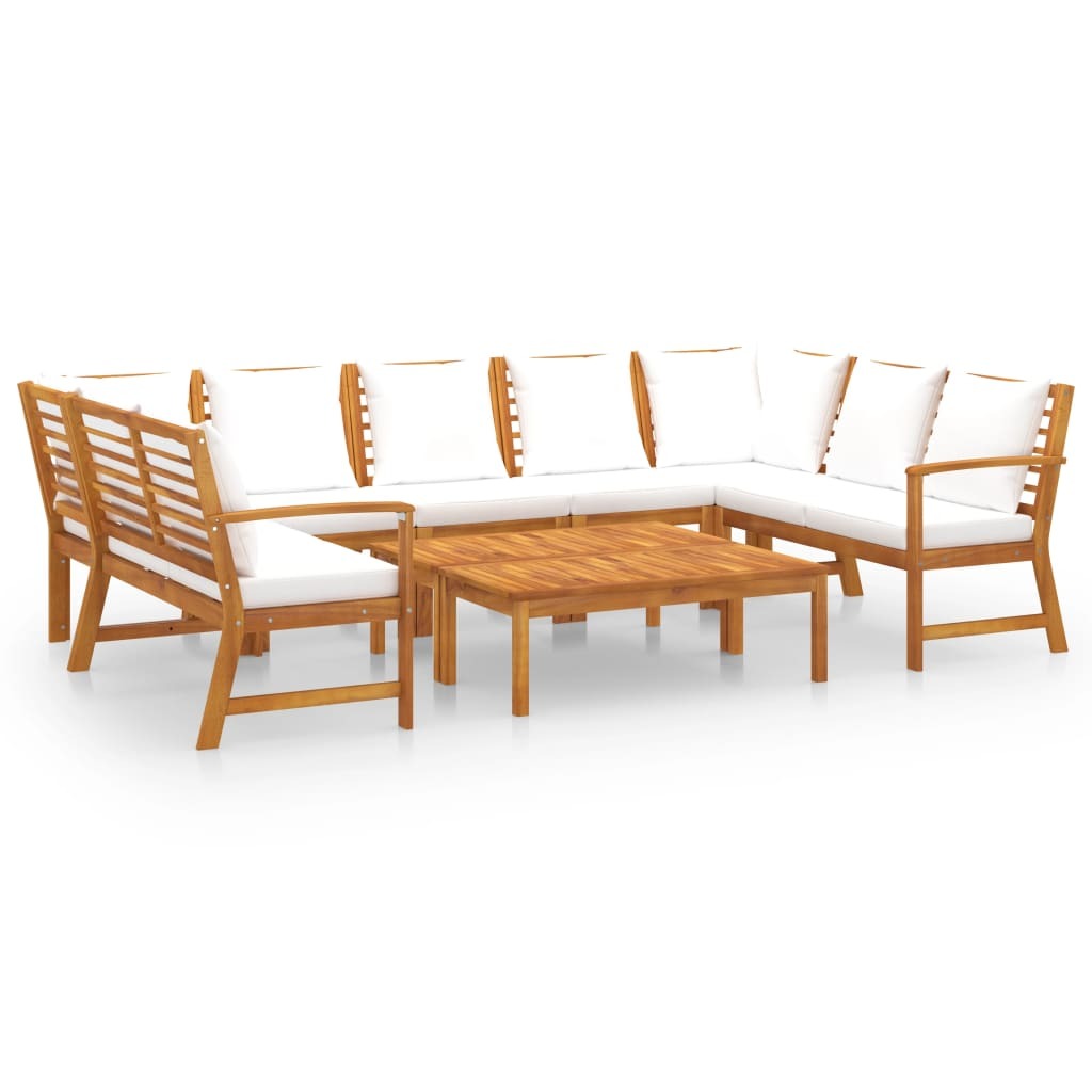 9-piece outdoor patio lounge set with cream cushions made of solid acacia wood by American Smart - WB.