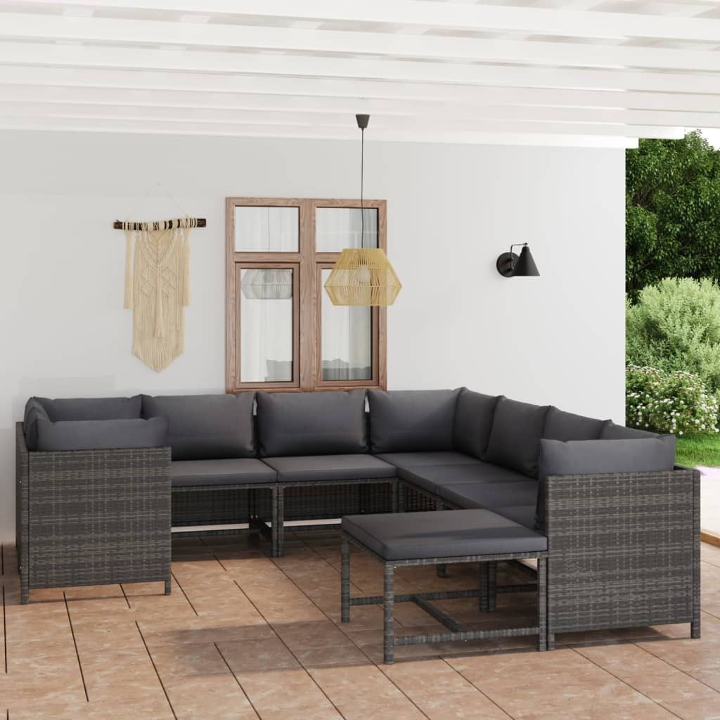 Gray 9-piece outdoor patio lounge set with cushions by American Smart - WB, featuring poly rattan construction for outdoor relaxation.