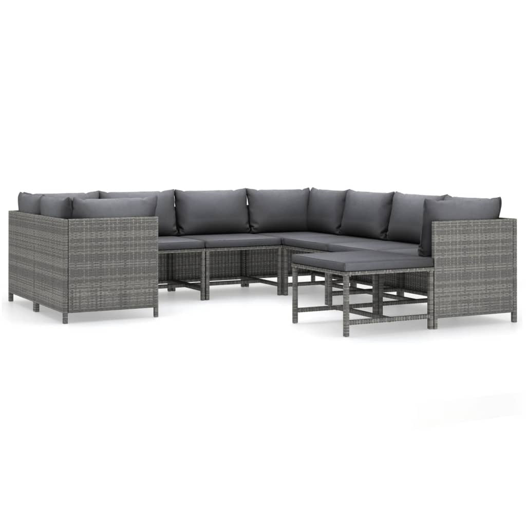 Gray 9-piece outdoor patio lounge set with cushions by American Smart featuring poly rattan for stylish outdoor relaxation.