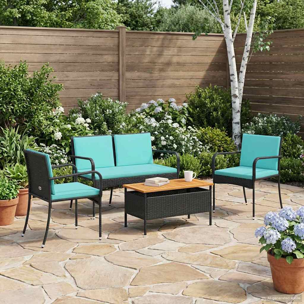 Black poly rattan garden set from American Smart WB, outdoor furniture with chairs and table for patio relaxation.