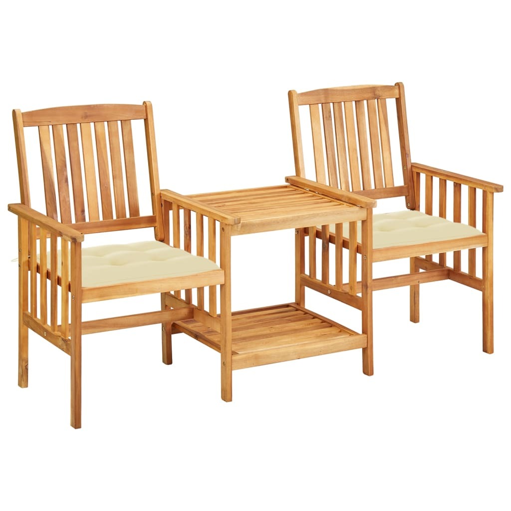 Outdoor patio chairs with cushions and a tea table made of solid acacia wood from American Smart outdoor furniture set.