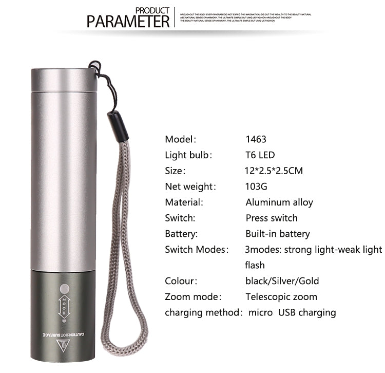 Black American Smart T6 LED flashlight with 3 adjustable modes, USB rechargeable, designed for outdoor use.
