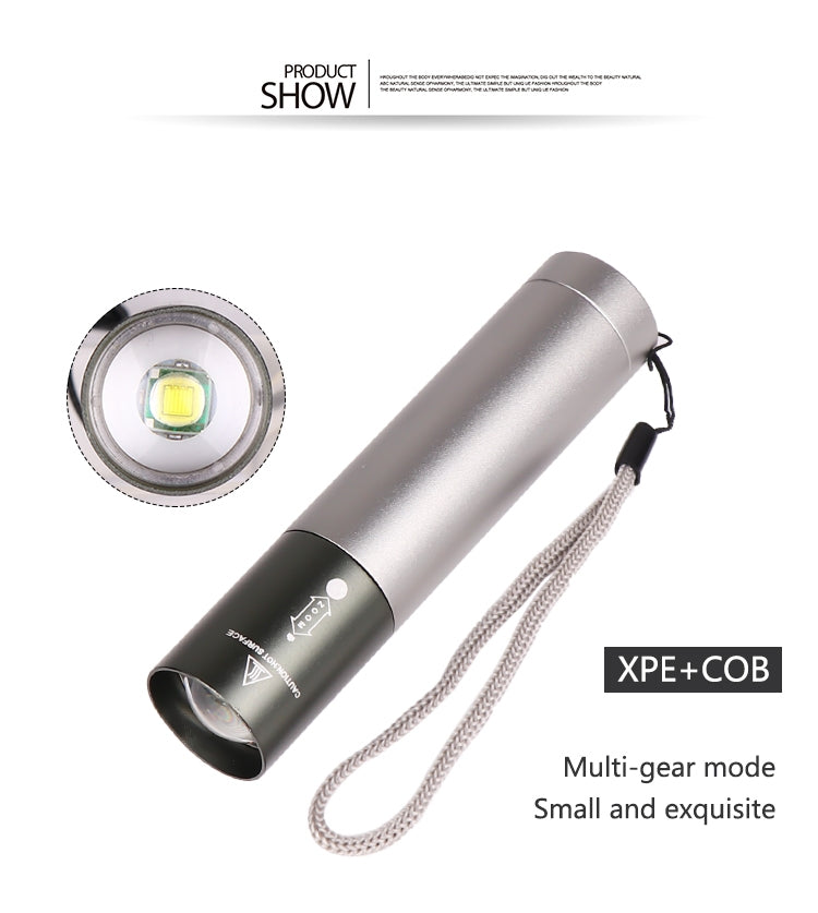 Black American Smart T6 LED rechargeable flashlight with 3 adjustable modes, ideal for outdoor activities and USB charging.