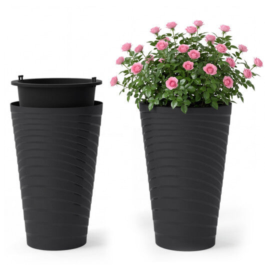 Black 18-inch outdoor flower pots with insert buckets and handles, set of 2 for raised garden beds by American Smart WB.