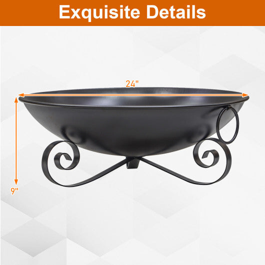 24-inch heavy-duty metal outdoor fire pit bowl with handles, perfect for wood-burning fires and outdoor heating.