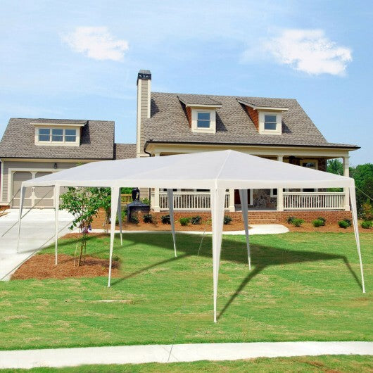 White outdoor gazebo canopy tent with connection stakes and wind ropes, ideal for outdoor shade and shelter.