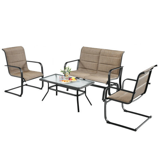 American Smart outdoor patio furniture set with brown padded glider loveseat and coffee table, four-piece outdoor furniture ensemble.