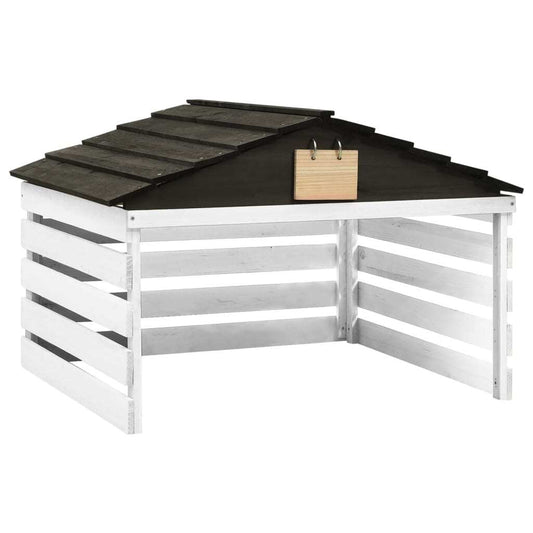 Black and white robotic lawn mower garage in firwood, designed for outdoor power equipment, with dimensions 30.7x29.1x21.3 inches.