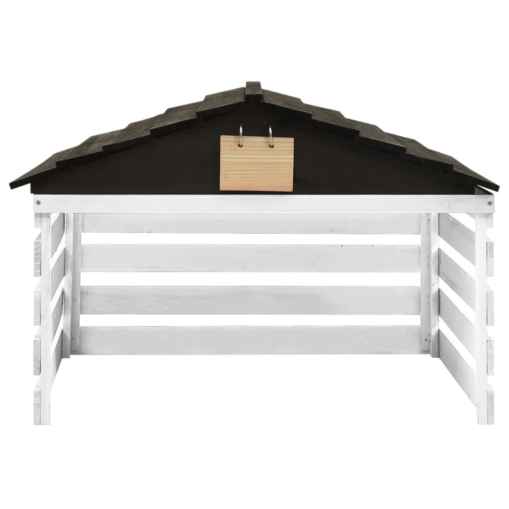 Black and white wooden garage for robotic lawn mower, measuring 30.7"x29.1"x21.3", made of firwood, by American Smart WB.
