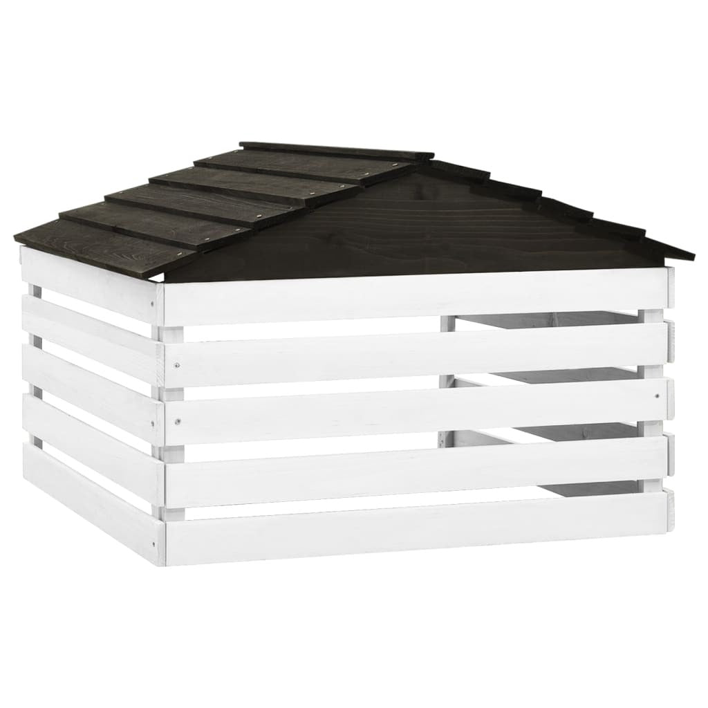 Black and white wooden garage for robotic lawn mower, outdoor power equipment accessory, measures 30.7x29.1x21.3 inches, by American Smart WB.