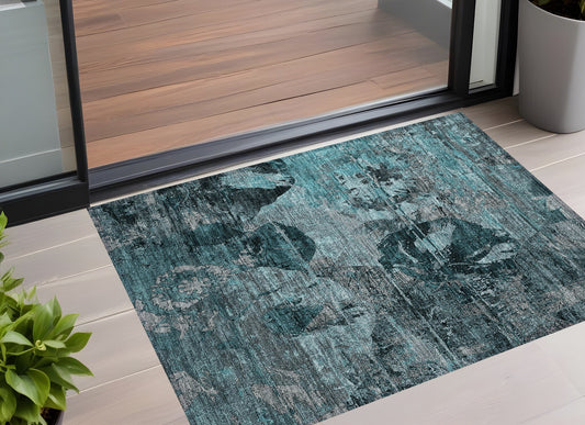 3' x 5' teal and gray floral outdoor area rug by American Smart, washable non-skid indoor-outdoor rug with vibrant floral pattern